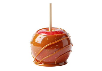 A caramel-coated , glistening with caramel drips, sits on a black background.