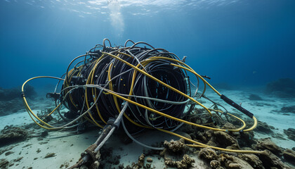 A network of shadows and rust, where the skeletal remains of a technological dream now provide a home for the creatures of the deep