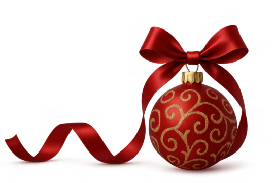 Red Christmas ball with golden swirls and satin ribbon on transparent background