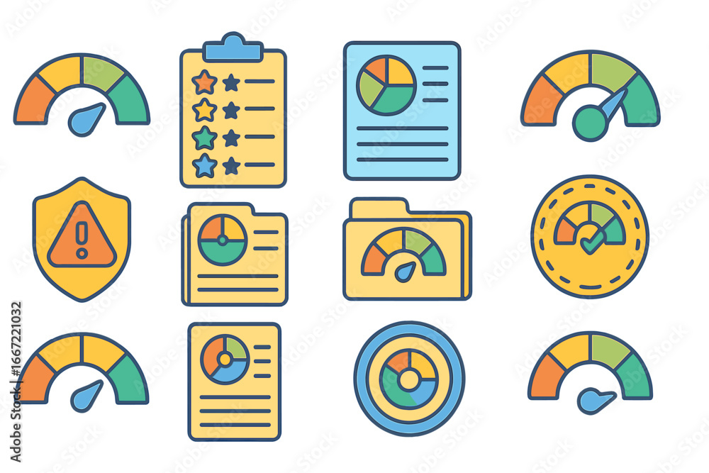 Poster performance and productivity linear icon set. metrics, analysis, evaluation