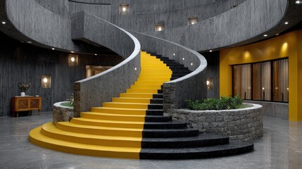 A modern spiral staircase, with a unique color scheme of yellow and black. The architecture showcases a beautiful design with a grand, sweeping curve