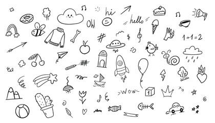 Kid cute doodle set. Cute kid doodle sketch style vector. Hand drawn sun, car, rainbow elements. Funny children pen outline. Vector illustration.