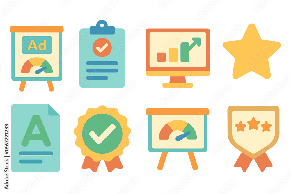 Poster marketing and analytics icon set in colorful flat style for presentations
