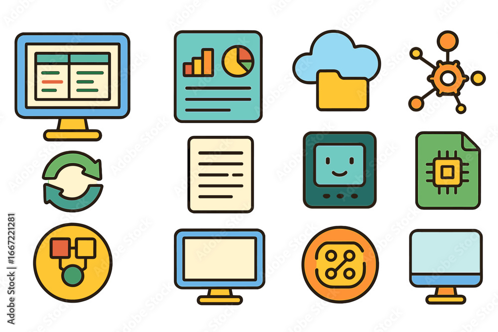 Poster tech and data flat icon set. digital, cloud, analysis tools in flat style
