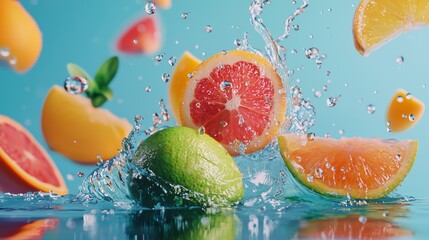 Fruits splashing into water citrus grapefruit lime refreshing summer drink concept