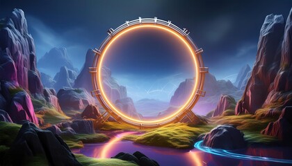 Neon Round Ring Linear Frame Background with Illuminated Smoke