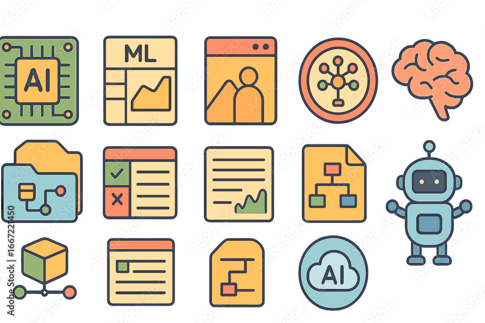 Poster technology and ai outline icon set. machine learning, innovation linear icons collection.