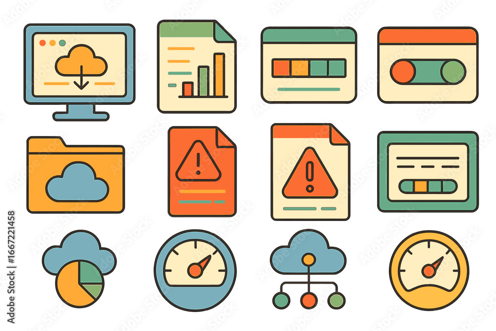 Poster data management flat icon set: cloud, analytics, security and network icons collection