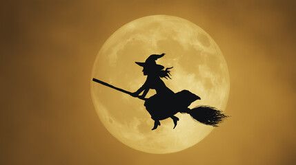 Witch flying on broom in front of full moon at halloween night