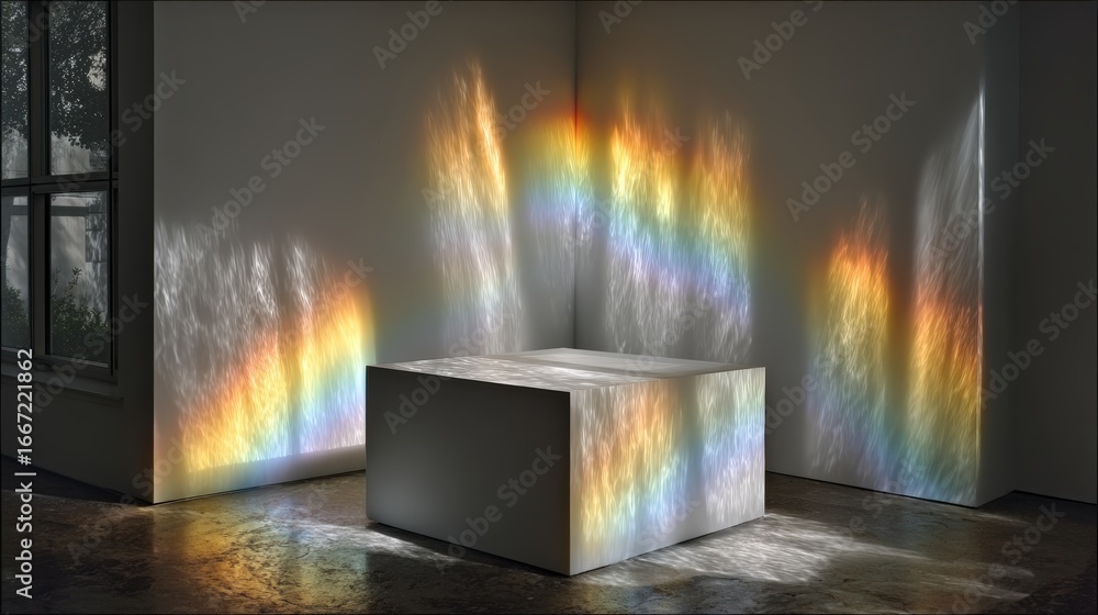 Poster A mesmerizing display of light and color casting a beautiful rainbow of hues over an architectural structure and surrounding surfaces. The interplay of light, shadow.