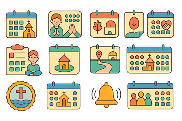 Religious, event planning flat icon set. church, calendar, prayer icons collection
