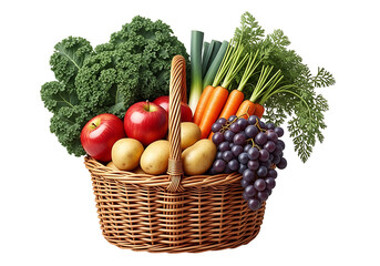 A wicker basket overflowing with vibrant produce, showcasing apples, potatoes, carrots, kale, leeks, and purple grapes against a striking black backdrop.