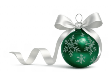Green Christmas ball with silver snowflakes and white ribbon on transparent background