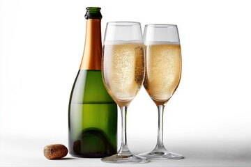 Celebratory champagne with two filled flutes on white background