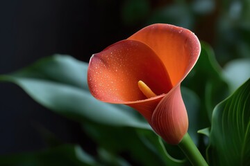 Close-up of dew-dropped orange calla lily against lush green leaves