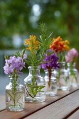 Fototapeta premium Colorful wildflowers arranged in glass vases outdoors on wooden table