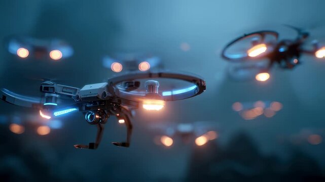 Medium shot emphasizing a lead infrared flaring drone sharply detailed while a group of drones behind perform synchronized shield defense patterns with soft bokeh effects enhancing