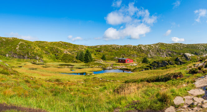 Wide panoramic landscape on Mount Ulriken near Bergen, Norway