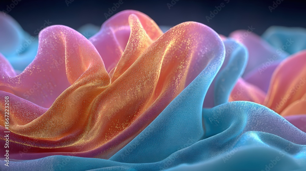 Poster a close-up abstract of a multi-colored, flowing fabric. the folds and curves of the cloth create a s