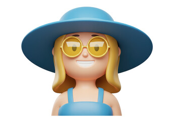 Isolated 3D Render of a Smiling Woman's Bust with Blue Hat and Yellow Sunglasses