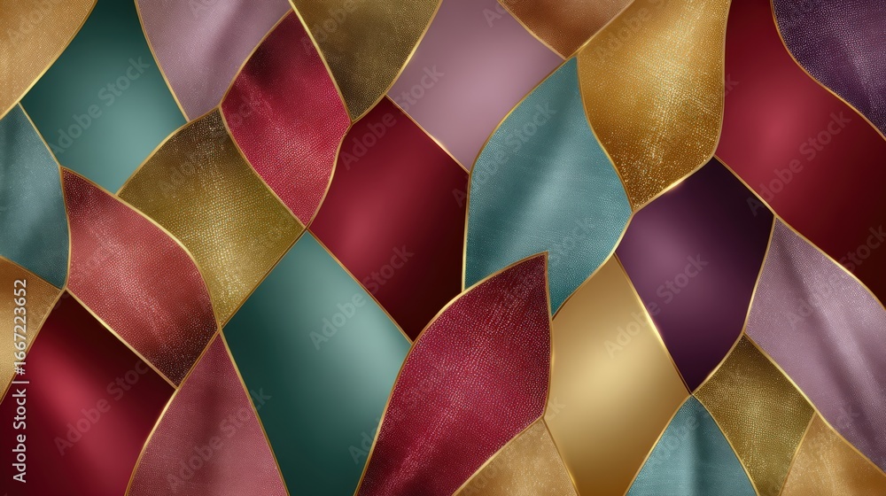 Poster an artistic and abstract geometric pattern in a unique patchwork style with a kaleidoscope of colors