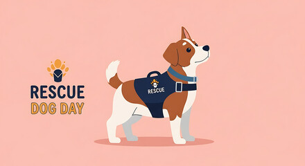 Cute illustration of a rescue dog wearing a vest with the word rescue on it, celebrating rescue dog day with paw print logo and text, on a soft pink background