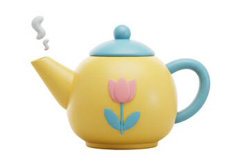 Isolated 3D Render of a Yellow Teapot with a Pink Tulip Design and Steam