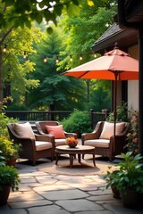 Obraz premium A charming family patio scene, perfect for summer evenings Enjoy the relaxing atmosphere and inviting outdoor space, ideal for gatherings and relaxation , flowers, wood, lifestyle