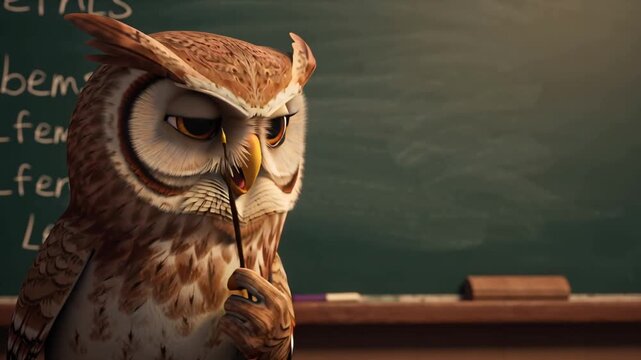 cute funny cartoon owl with pointer near blackboard at school, 3d animation