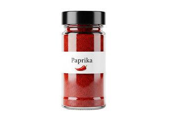 A clear glass jar filled with vibrant red paprika spice, featuring a simple white label with the word Paprika and a chili pepper graphic.