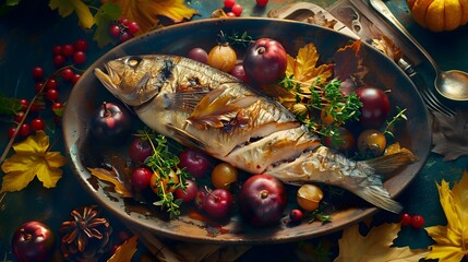 Fototapeta premium Roasted Fish with Autumn Fruits and Herbs on Rustic Plate