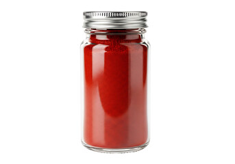 A glass jar with a metal lid filled with vibrant red powder is presented against a black background.