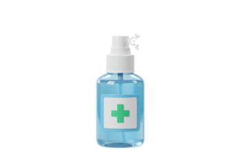 Isolated 3D Render of a Hand Sanitizer Spray Bottle with Green Cross, Hygiene Concept