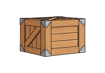 A detailed illustration of a sturdy wooden crate, highlighted by its simple lines and light brown hues, set against a deep black background.