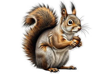 Fototapeta premium A detailed illustration of a squirrel holding an acorn, showcasing rich fur colors and intricate detail.