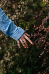 A gentle hand with minimalist nail art touching reddish foliage, evoking a sense of calm and connection with nature.