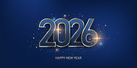 Happy new year 2026 background. Shiny golden numbers on a blue background. Holiday greeting card design.