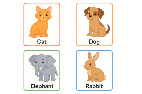 Cute animals flashcards for children featuring cat, dog, elephant and rabbit with transparent background