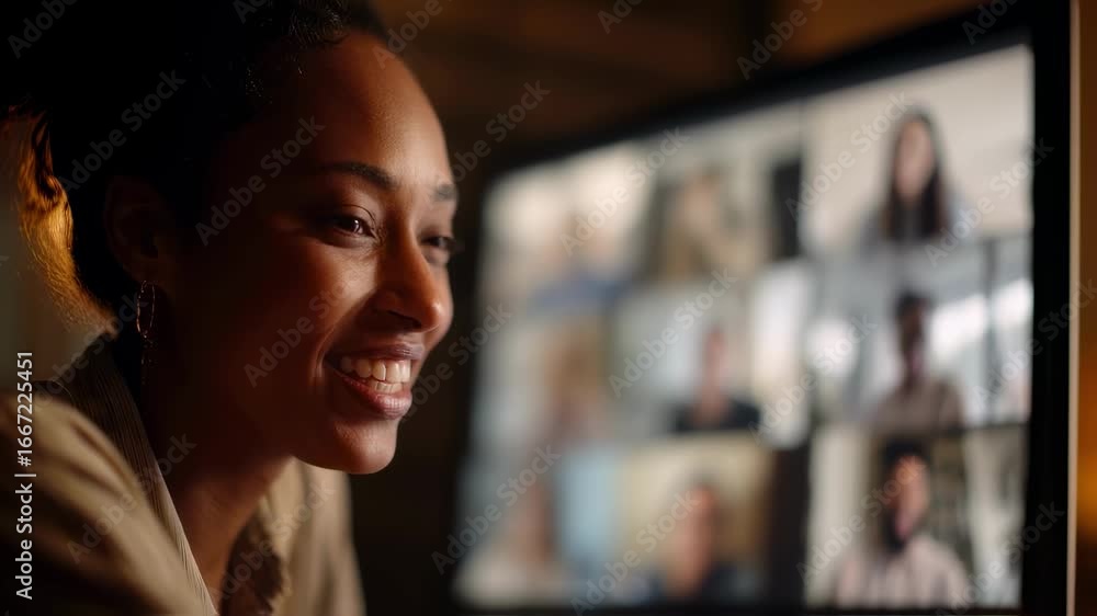 Poster medium shot capturing a project leads face focused and expressive during a virtual meeting on inters