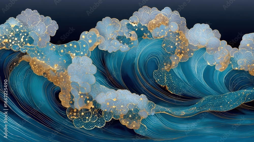 Poster a mesmerizing ocean wave with gold details, creating a striking artistic image. the wave's crest is 