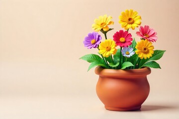 Fototapeta premium A cheerful clay pot overflowing with colorful flowers, symbolizing joy and contentment Perfect for illustrating themes of happiness, well-being, and positive emotions , peace, home decor, bountiful