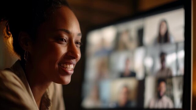 Medium shot capturing a project leads face focused and expressive during a virtual meeting on intersectional inclusion while the screen and surrounding environment remain softly