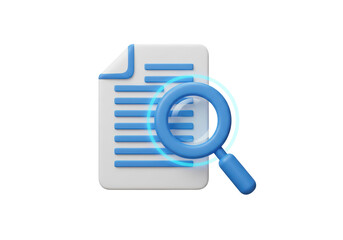 Isolated 3D Render of a Document with a Magnifying Glass, Research and Analysis Concept