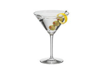 Isolated Classic Martini Cocktail with Green Olives and Lemon Twist