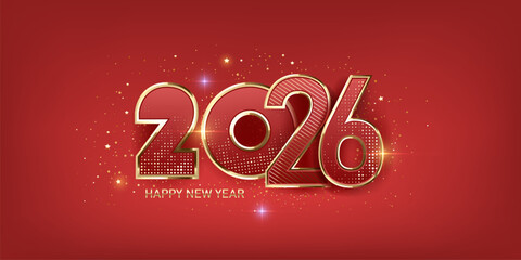 Happy new year 2026 background. Shiny golden numbers on a red background. Holiday greeting card design.
