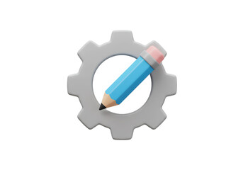 Isolated 3D Render of a Gear Icon with a Pencil, Settings and Customization