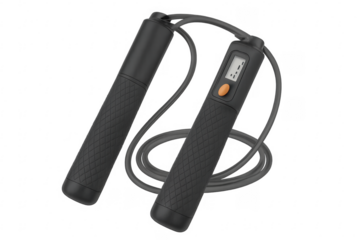 Black and turquoise smart jump rope with digital counter on transparent background