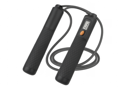 Black and turquoise smart jump rope with digital counter on transparent background