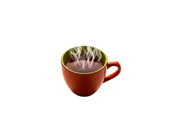 A steaming mug of rich, warm beverage against a stark black background, showcasing the vibrant orange tones and delicate steam patterns.