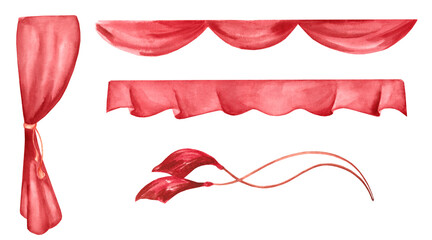 Set of watercolor illustrations of red curtain with tassels and cords for a theater performance. Circus and ballet stage decoration © Tatyana Sidorova